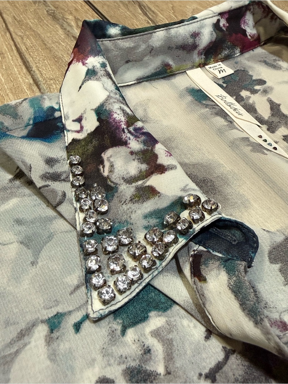 Bellatrix Floral Blouse Sheer Embellished Collar Button Down Medium - Picture 9 of 16